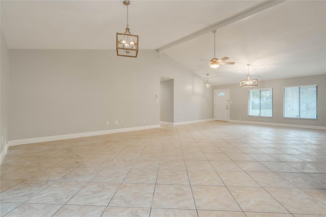 empty room with lofted ceiling with beams, light tile patterned flooring, and ceiling fan