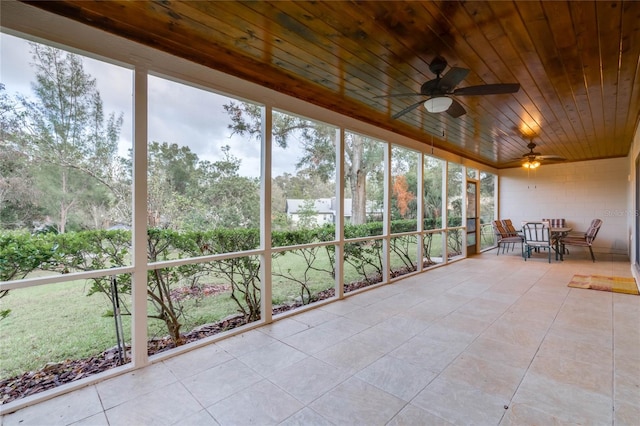 unfurnished sunroom with ceiling fan and wood ceiling