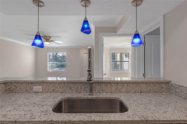 kitchen with ornamental molding, light stone counters, and a healthy amount of sunlight