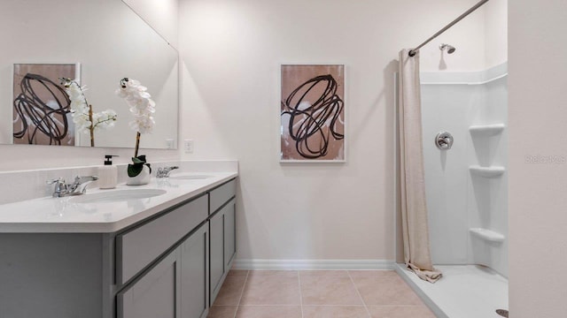 bathroom featuring walk in shower, vanity, and tile patterned floors