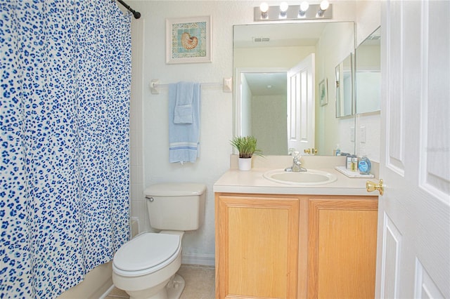 full bathroom with tile patterned floors, vanity, toilet, and shower / bathtub combination with curtain