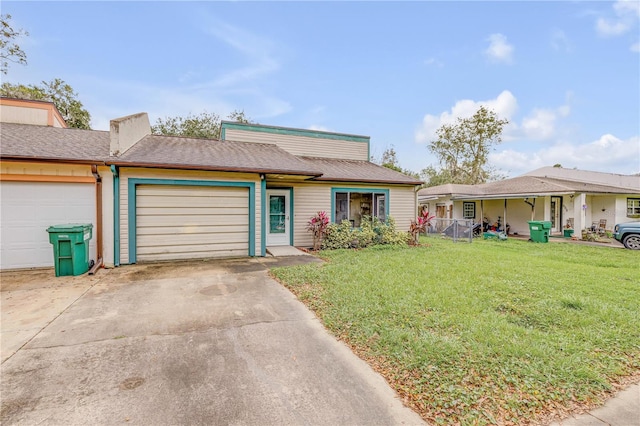 ranch-style house with a front yard and a garage