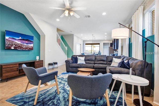 living room with ceiling fan