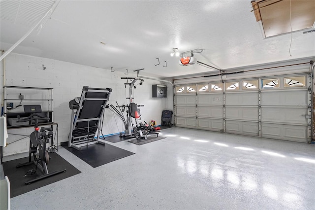 garage with electric panel and a garage door opener