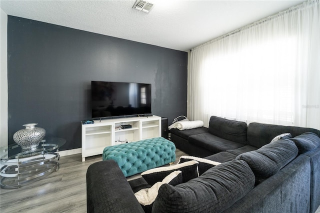 living room featuring a textured ceiling and hardwood / wood-style flooring