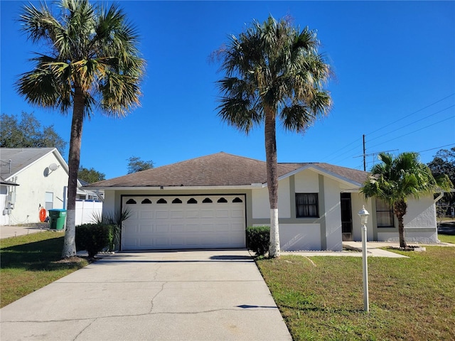 ranch-style house featuring a front lawn and a garage