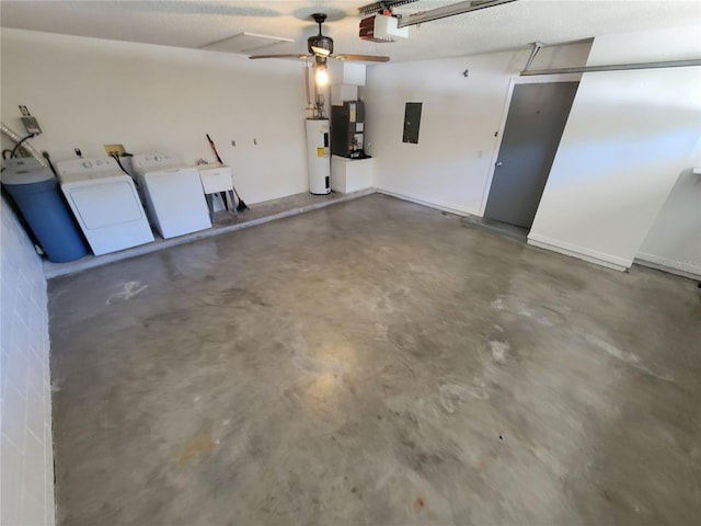 garage featuring washer and clothes dryer, electric panel, sink, ceiling fan, and water heater