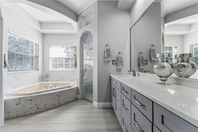 bathroom featuring vanity, shower with separate bathtub, and hardwood / wood-style floors