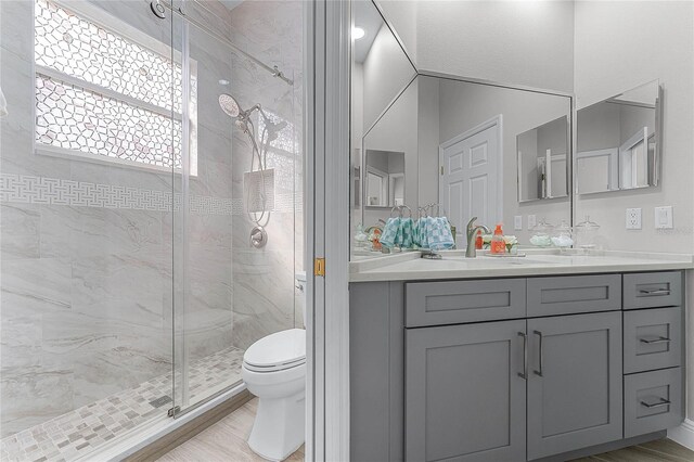 bathroom featuring toilet, vanity, hardwood / wood-style flooring, and a shower with door