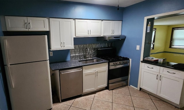 kitchen featuring stainless steel appliances, white cabinets, sink, and decorative backsplash