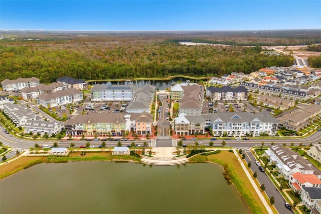 drone / aerial view featuring a water view