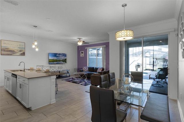 dining room featuring crown molding, sink, and ceiling fan