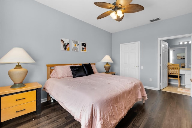 bedroom with dark hardwood / wood-style floors and ceiling fan