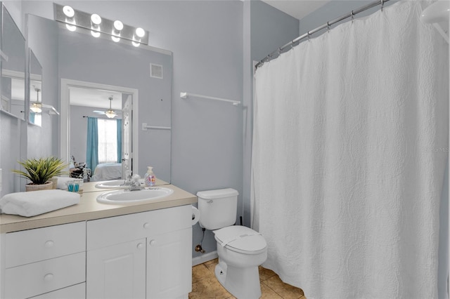 bathroom with tile patterned floors, ceiling fan, toilet, and vanity