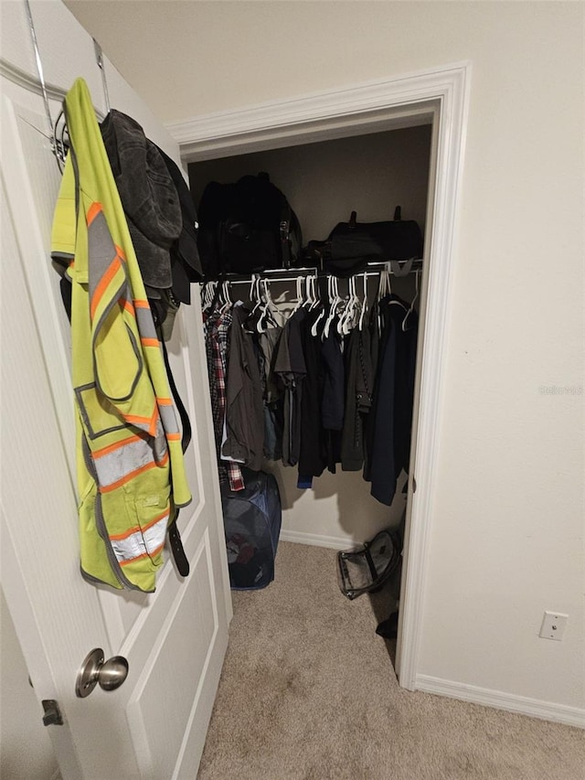 walk in closet featuring light carpet