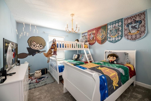 bedroom with an inviting chandelier and dark carpet