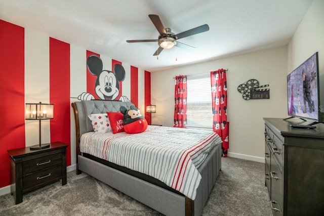 bedroom featuring dark colored carpet and ceiling fan