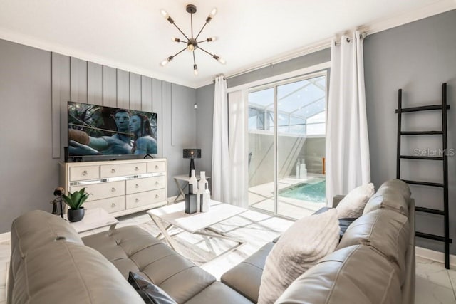 bedroom with a chandelier, crown molding, and access to exterior