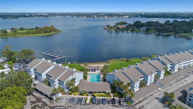 drone / aerial view featuring a water view