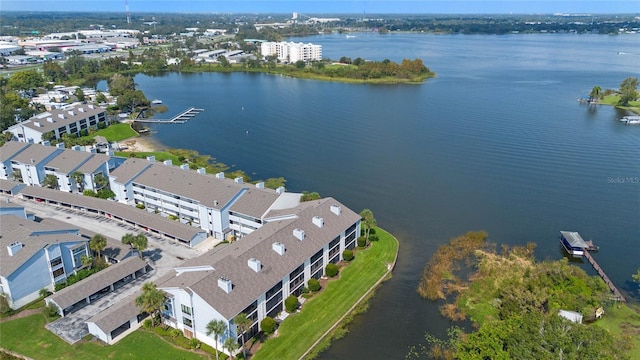 drone / aerial view with a water view