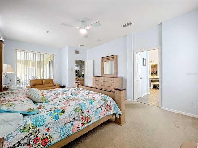 bedroom with light colored carpet and ceiling fan