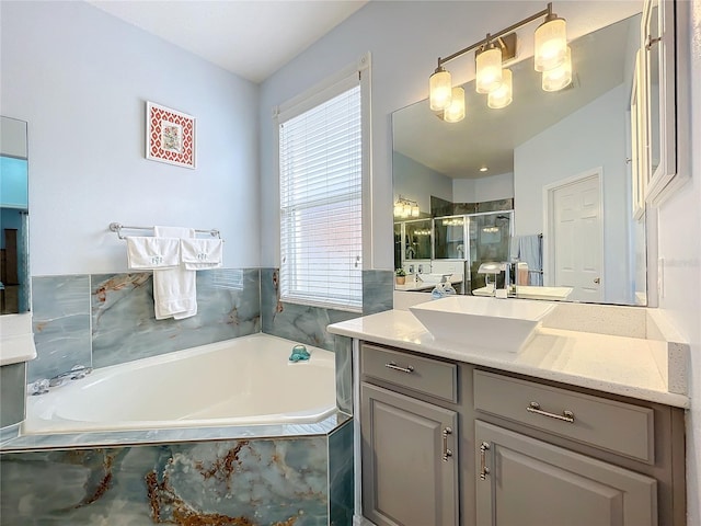 bathroom featuring vanity and plus walk in shower