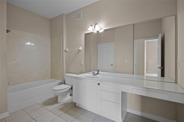 full bathroom featuring toilet, shower / bathing tub combination, vanity, and tile patterned floors