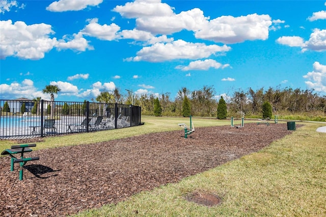 view of property's community with a yard and a swimming pool