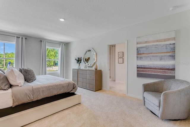 bedroom featuring multiple windows, a textured ceiling, and light carpet