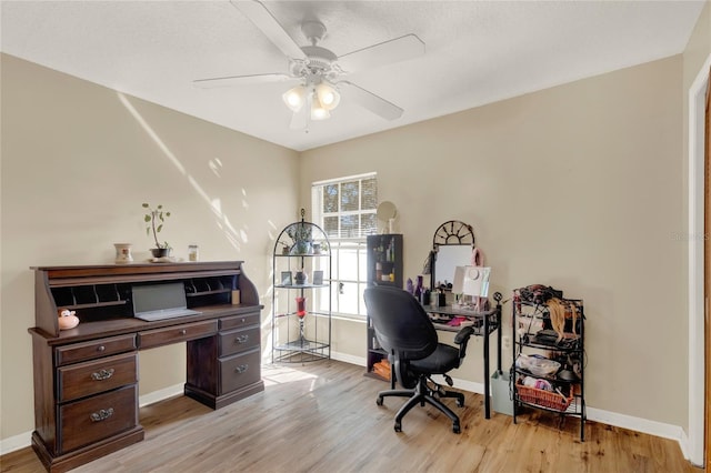 office area featuring ceiling fan and light hardwood / wood-style flooring