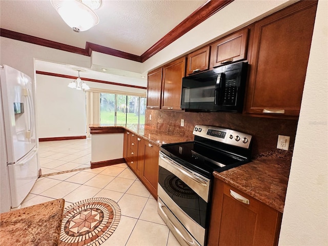 kitchen with stainless steel electric stove, decorative backsplash, light tile patterned floors, and white refrigerator with ice dispenser