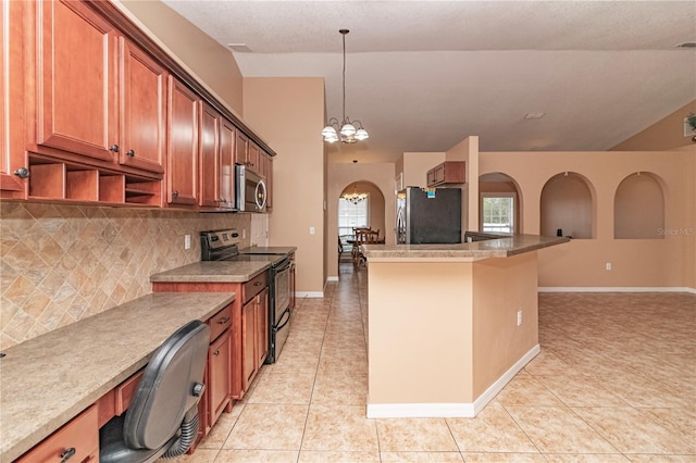 kitchen featuring tasteful backsplash, stainless steel appliances, a notable chandelier, light tile patterned floors, and hanging light fixtures