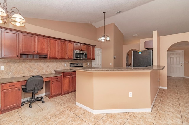 kitchen with an inviting chandelier, hanging light fixtures, light tile patterned flooring, backsplash, and appliances with stainless steel finishes