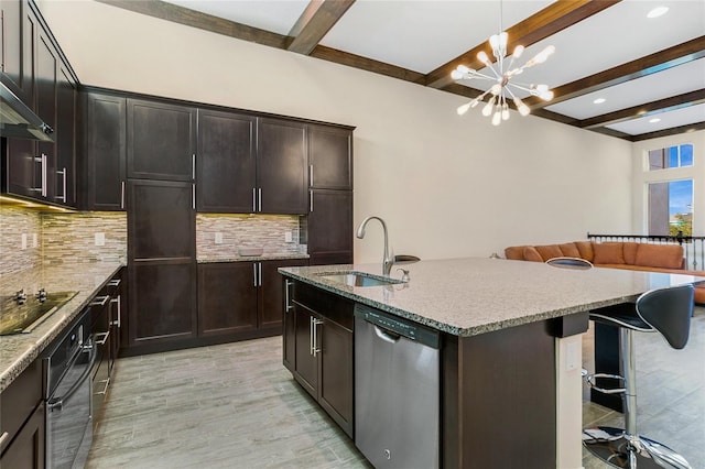 kitchen featuring sink, appliances with stainless steel finishes, a center island with sink, a kitchen bar, and decorative backsplash