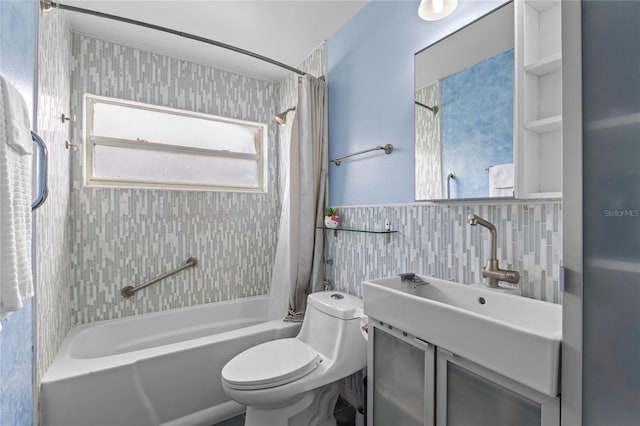 full bathroom with shower / bath combination with curtain, vanity, toilet, and tile walls