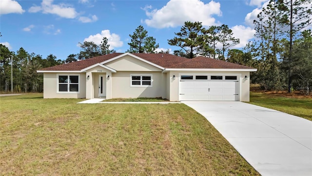 ranch-style home with a front yard and a garage