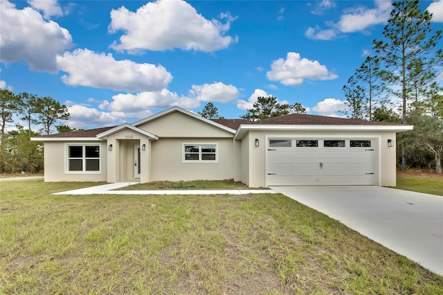 single story home featuring a front yard and a garage