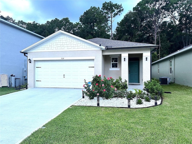 ranch-style house with a garage, cooling unit, and a front lawn