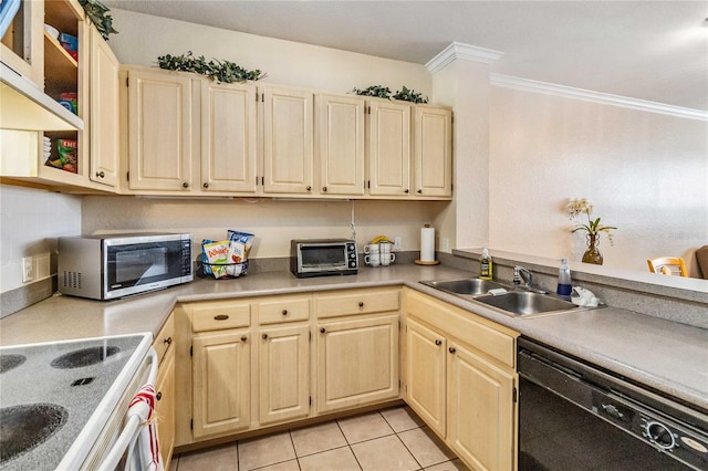 kitchen featuring sink, black dishwasher, ornamental molding, light tile patterned floors, and range