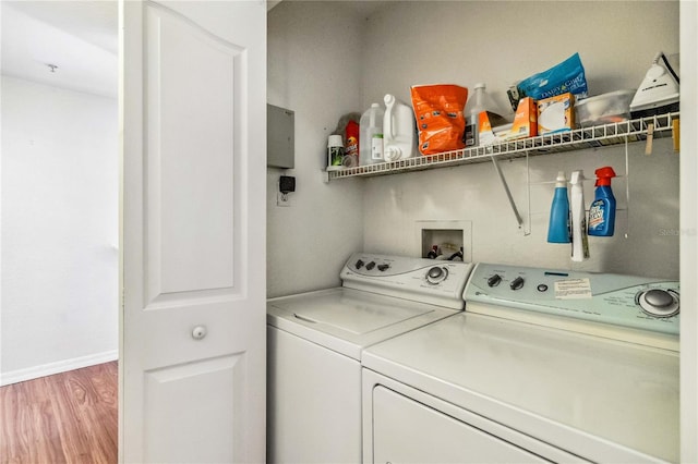 clothes washing area featuring washer and clothes dryer and wood-type flooring