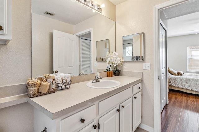 bathroom featuring hardwood / wood-style floors and vanity