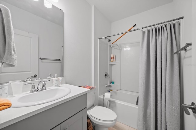 full bathroom with tile patterned flooring, vanity, toilet, and shower / tub combo with curtain