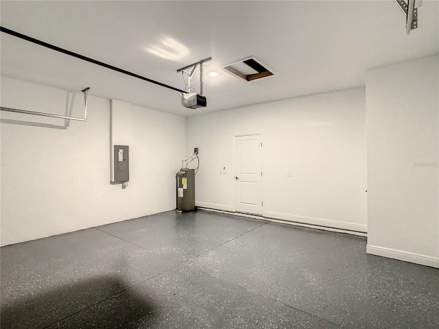 garage with electric panel, a garage door opener, and water heater