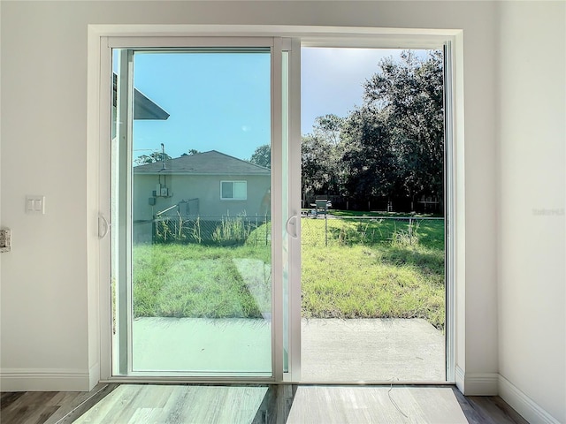 doorway to outside with wood-type flooring