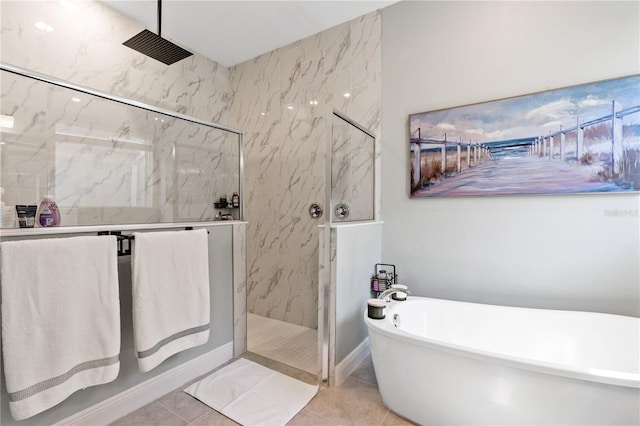 bathroom with tile patterned flooring and plus walk in shower