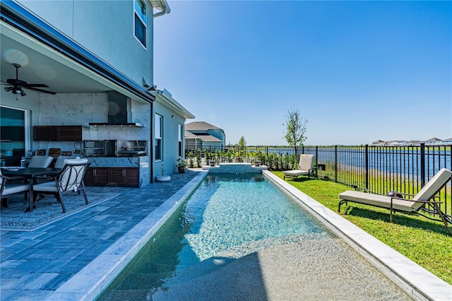 view of pool with ceiling fan, a patio, and a water view