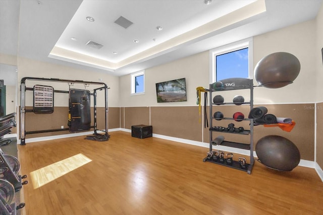 exercise area with hardwood / wood-style floors and a tray ceiling