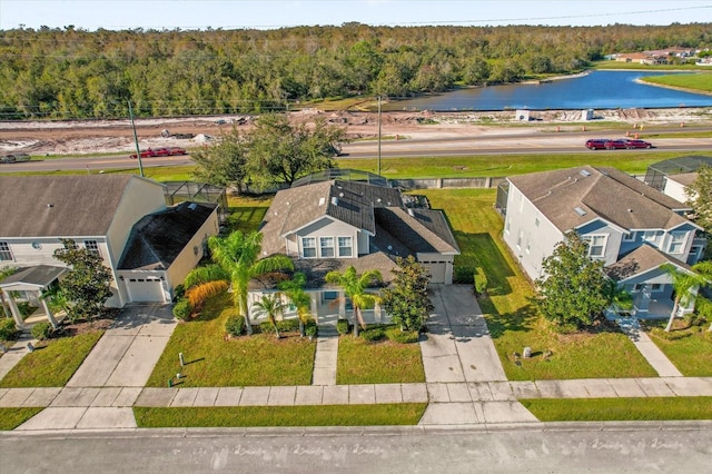 aerial view featuring a water view