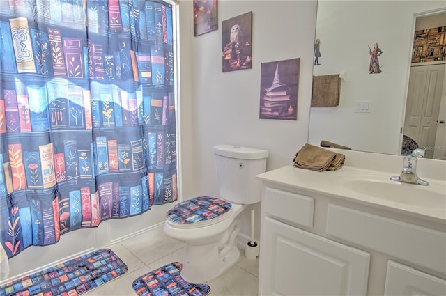 full bathroom with toilet, vanity, shower / bath combination with curtain, and tile patterned floors