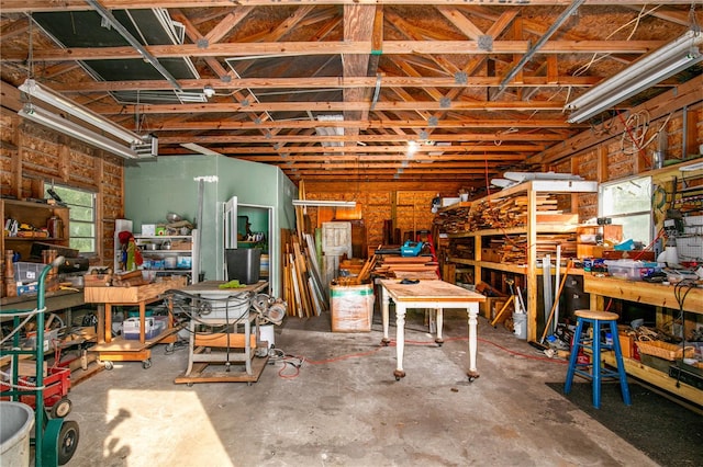 garage with a workshop area